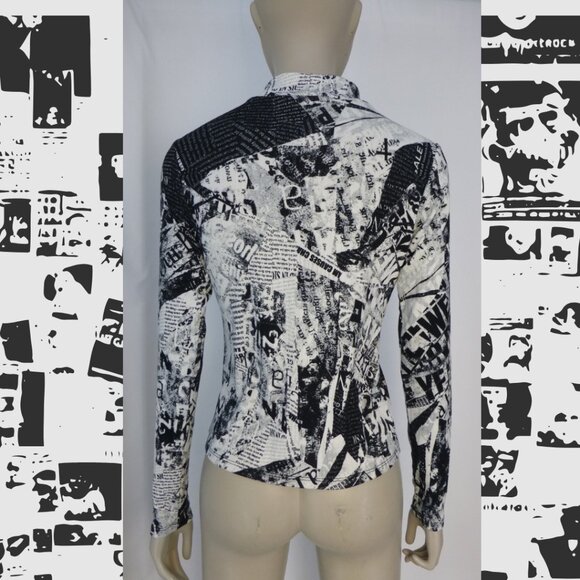 Newspaper Graphic Long Sleeve, High Neck, Cut Out At Chest Top - Picture 3 of 9